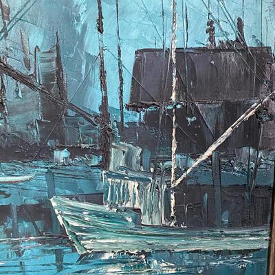 Vintage Mid Century Modern Teal Blue Nautical Wharf Fishing Village Oil Painting Charles Beauvais
