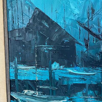 Vintage Mid Century Modern Teal Blue Nautical Wharf Fishing Village Oil Painting Charles Beauvais