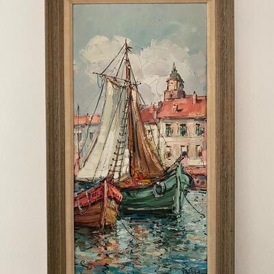 Colorful Sail Boat Fishing Village Oil Painting Signed