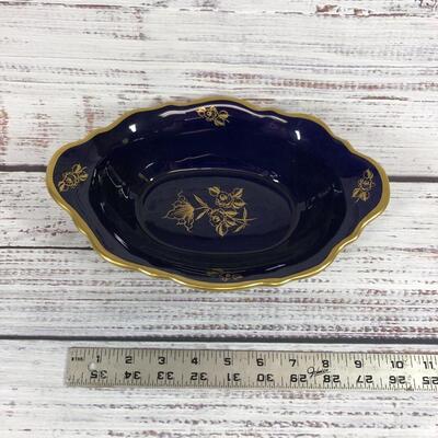 German blue and gold Floral dish Scalloped Oval Bowl Unterweissbach Kobalt