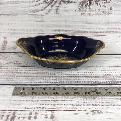German blue and gold Floral dish Scalloped Oval Bowl Unterweissbach Kobalt