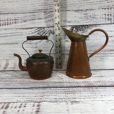 Copper Metal tea pot and jug pitcher pair
