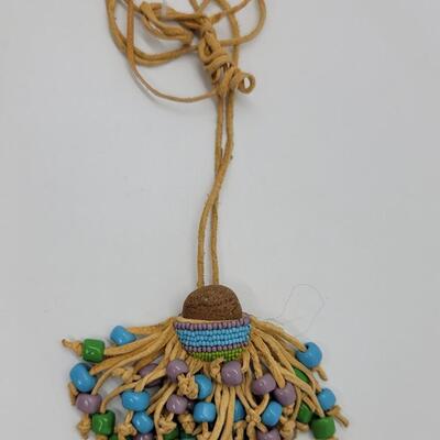 J52 - Handmade Indian Multi-Color, Beaded/Stone Necklace on Leather Cords.