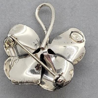 J53 - Danecraft Sterling, Hematite Necklace. Plus a 4-Leaf, Clover Design Pendant/Brooch with Hematite Center & Chain.