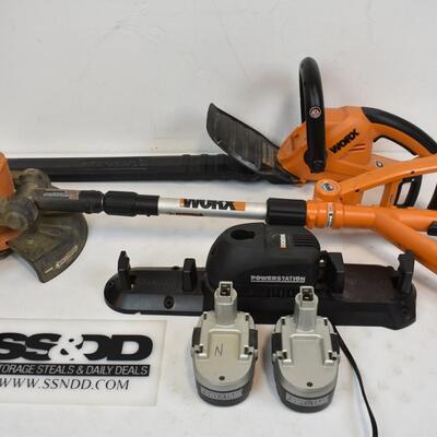 5 pc Worx Electric Yard Tools: 2 batteries, Powerstation, Edger, & Hedge Trimmer