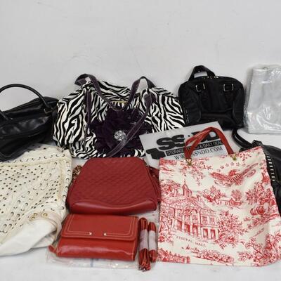 10 Purses/Handbags: 3 Black, 3 Red, Cream, Gray, Gold, B&W w/ Purple