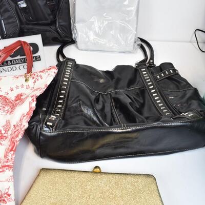 10 Purses/Handbags: 3 Black, 3 Red, Cream, Gray, Gold, B&W w/ Purple