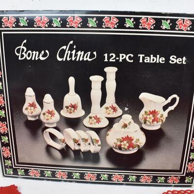 20 pc Christmas China & Red Doilies: Bone China 12 pc Table Set & 8 red doilies