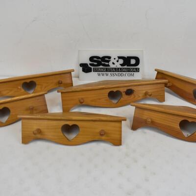 6 Wooden Corner Shelves with Heart Cutout and 2 pegs on each - Vintage