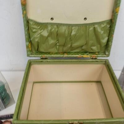 16 pc Personal Care Items in Green Vintage Train Case: Hair Care, Nail Care