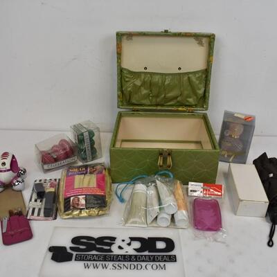 16 pc Personal Care Items in Green Vintage Train Case: Hair Care, Nail Care