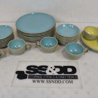 28 pc Harkerware Stone China Dishes & Cups. 3 speckled yellow & 25 speckled blue