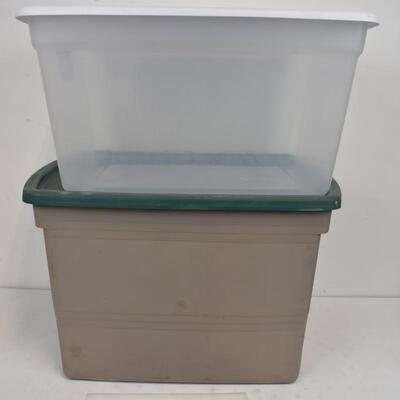 2 Storage Bins with Lids: Clear/White 58qt & Tan/Green 24x17x15