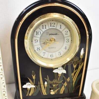 5 pc Home Decor: 2 Clocks, Old Spice Mug, Glass Lamp, Timex CD Clock Radio