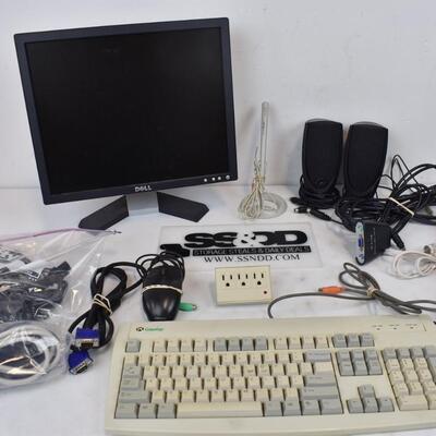 Various Computer Components Monitor/Speakers/Keyboard/Mouse/Microphone/Cords