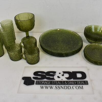 20 pc Green Glass Dishes: 4 plates 4 bowls 4 saucers 4 cups, 3 tea cups, 1 vase