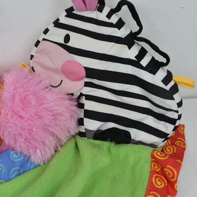 4 pc Kids: Monster Hat, Fabric Doll, Pink Blanket, Zebra Blanket