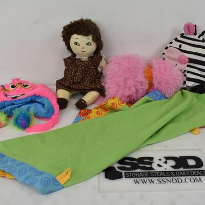 4 pc Kids: Monster Hat, Fabric Doll, Pink Blanket, Zebra Blanket