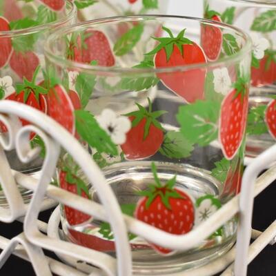 Lot of Drinking Glasses and Ice Bowl with Tongs, Strawberry Design, Metal Tray