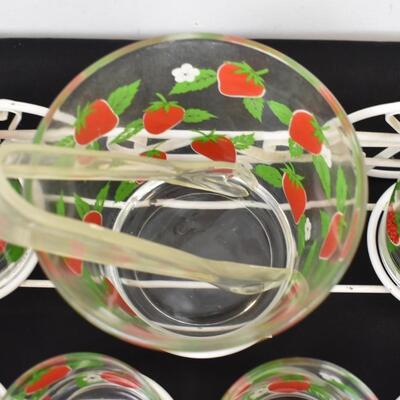 Lot of Drinking Glasses and Ice Bowl with Tongs, Strawberry Design, Metal Tray
