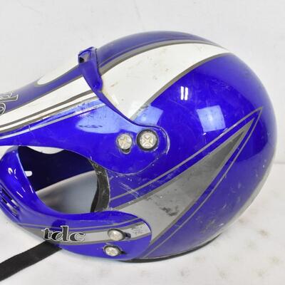 Blue & White Helmet by TDC. Missing screws on one side of visor, size XL