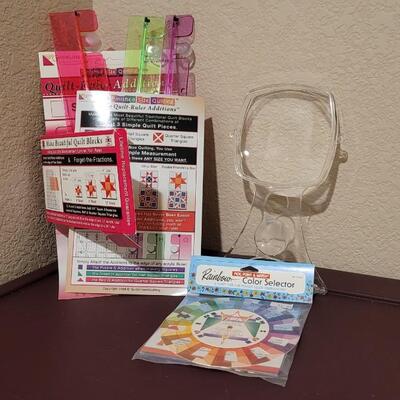 Lot 528: Assorted Crafting Supplies - Magnifier, Quilt Color Selector and Quilt Rulers