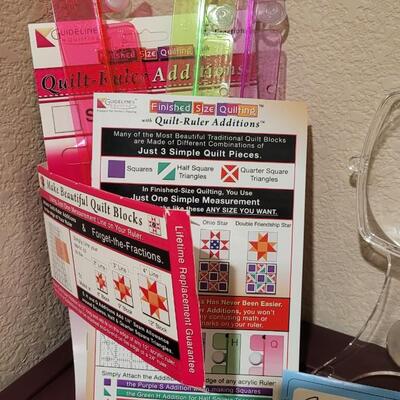 Lot 528: Assorted Crafting Supplies - Magnifier, Quilt Color Selector and Quilt Rulers