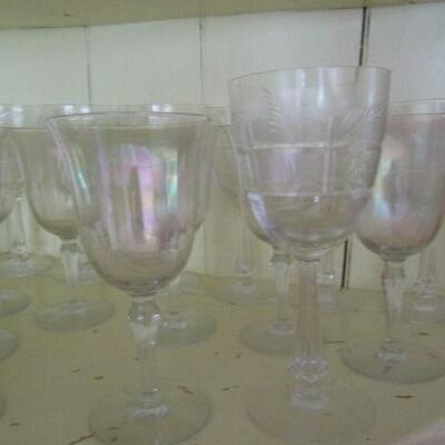Wine Glasses- 2 Designs- Iridescent and Etched- Total of 19 Pieces