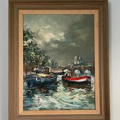 Vintage Mid Century Impressionist Framed Oil Painting Boats in Canal Paris Notre Dame Signed 1967