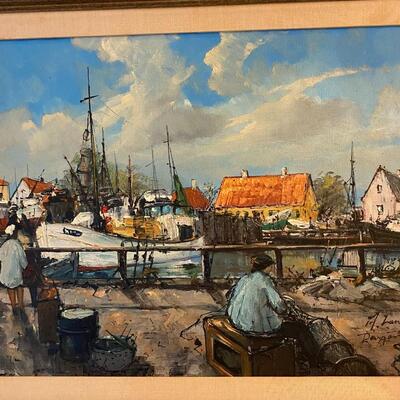 Vintage Mid Century Nautical Seaside Fishing Village Framed Oil Painting