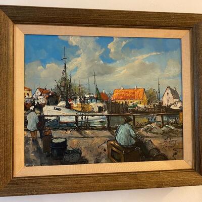 Vintage Mid Century Nautical Seaside Fishing Village Framed Oil Painting
