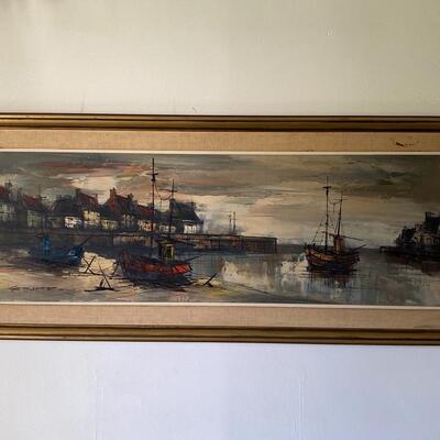 Mid Century Vintage Seaside Town Harbor Nautical Oil Painting by M. Edward Griff