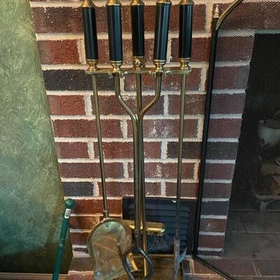 Brass Fireplace Tools, Stand and Wood Carrier Set