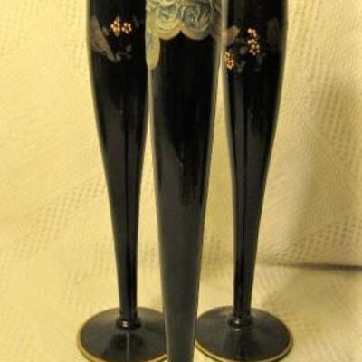 Set of Three Black Glass Bud Vases with Hand Painted Accents 10