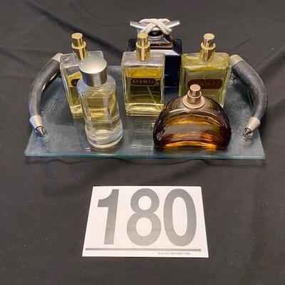 LOT#180LR: Assorted Cologne Lot With Antler Handle Tray