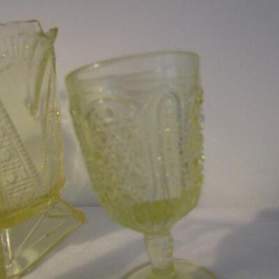 4 Pieces of Uranium Glass (Small Pitcher, Square Dish, Glass, and Stemmed Glass)