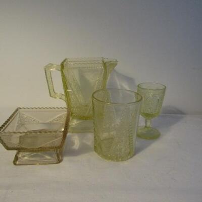 4 Pieces of Uranium Glass (Small Pitcher, Square Dish, Glass, and Stemmed Glass)