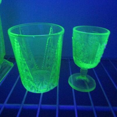 4 Pieces of Uranium Glass (Small Pitcher, Square Dish, Glass, and Stemmed Glass)