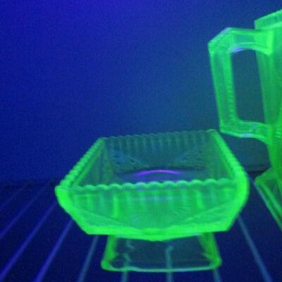 4 Pieces of Uranium Glass (Small Pitcher, Square Dish, Glass, and Stemmed Glass)