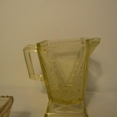 4 Pieces of Uranium Glass (Small Pitcher, Square Dish, Glass, and Stemmed Glass)