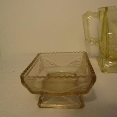 4 Pieces of Uranium Glass (Small Pitcher, Square Dish, Glass, and Stemmed Glass)