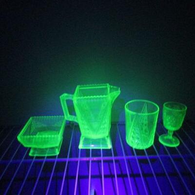 4 Pieces of Uranium Glass (Small Pitcher, Square Dish, Glass, and Stemmed Glass)