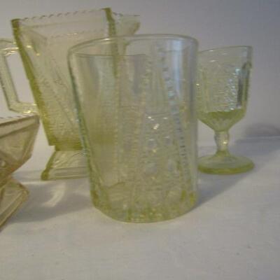 4 Pieces of Uranium Glass (Small Pitcher, Square Dish, Glass, and Stemmed Glass)