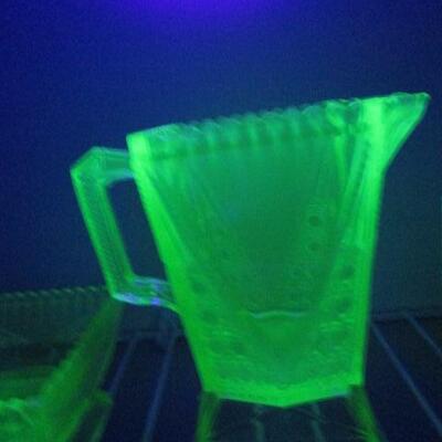 4 Pieces of Uranium Glass (Small Pitcher, Square Dish, Glass, and Stemmed Glass)