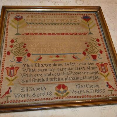 1855 Antique Sampler by  13 year old Elizabeth Matthews