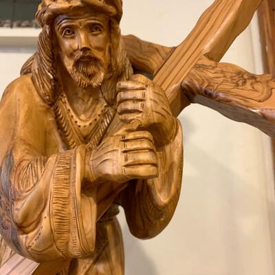 Hand-Carved Olive Tree Statue of Jesus Carrying the Cross to Calvary - Israel 