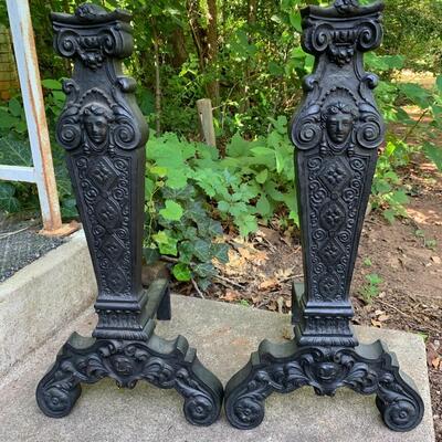 Antique Ornate Cast Iron Fireplace Andirons - excellent condition