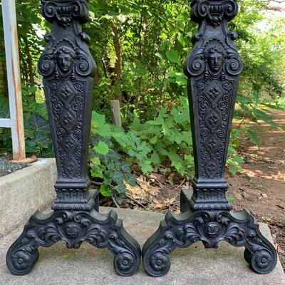 Antique Ornate Cast Iron Fireplace Andirons - excellent condition