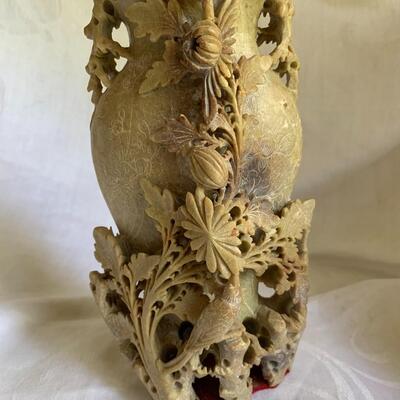 Vintage  Intricately Hand Carved Chinese Red Soap Stone Vase 