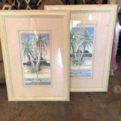 Two hand painted ceramic tile framed pictures 